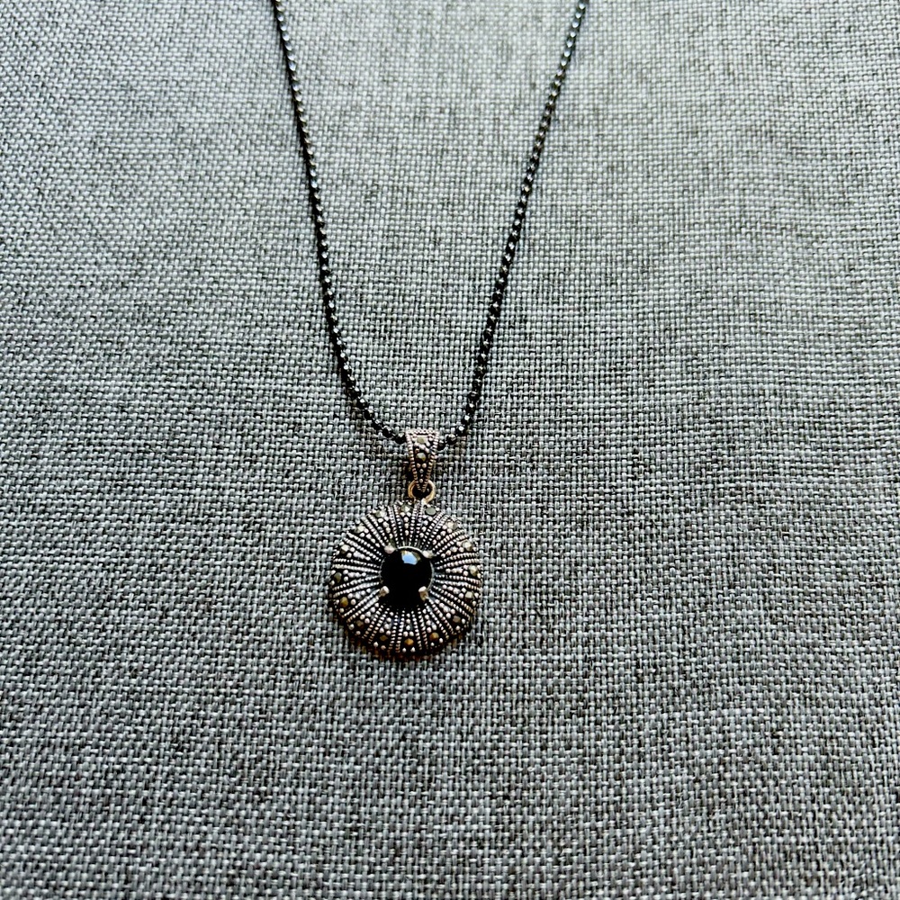 Faceted black Onyx gemstone, .925 silver pendant 1 1/8”